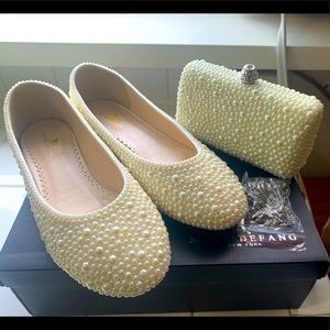 Marc Defang Handmade Ivory Pearl Closed Toe Bridal Flats and matching Clutch